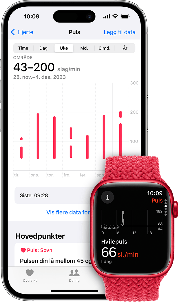 Pulsmålinger i Helse-appen på iPhone og hvilepuls i appen på Apple Watch