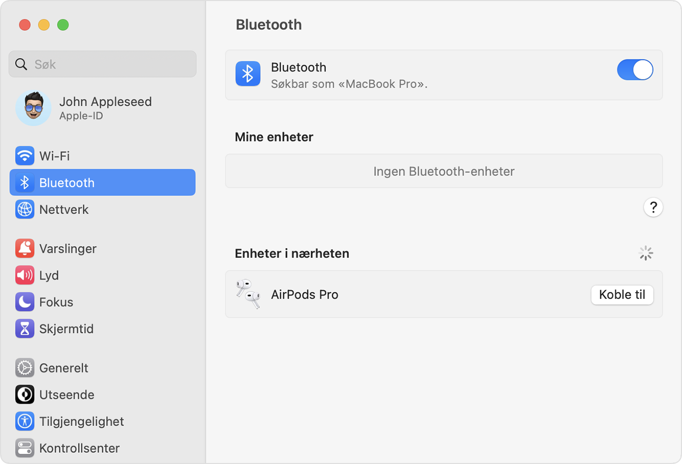 Konfigurer AirPods med Mac og andre Bluetooth-enheter - Apple-kundestøtte  (NO)