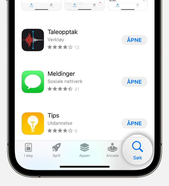 En iPhone som viser søkefanen nederst på skjermen i App Store.