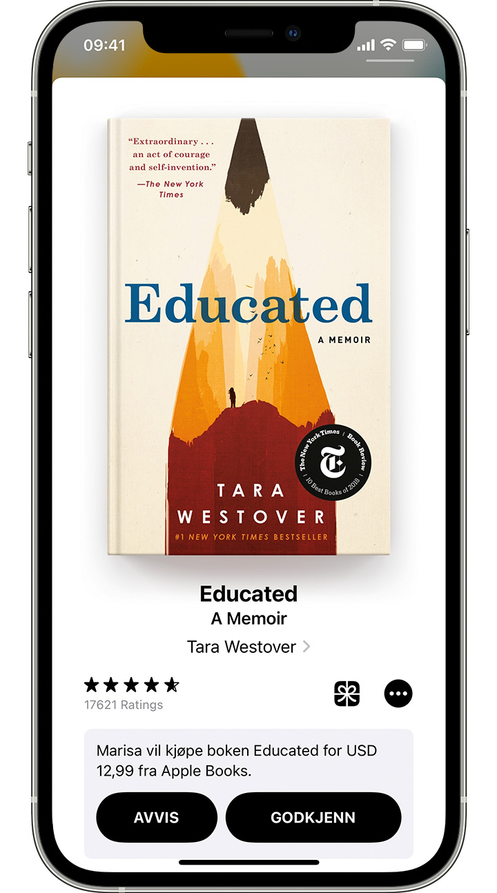 Foresattes iPhone viser en knapp for å godkjenne og en knapp for å avslå en forespørsel om å kjøpe en bok fra Apple Books.