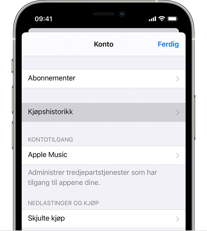iPhone som viser Kjøpshistorikk-menyalternativet i Innstillinger.