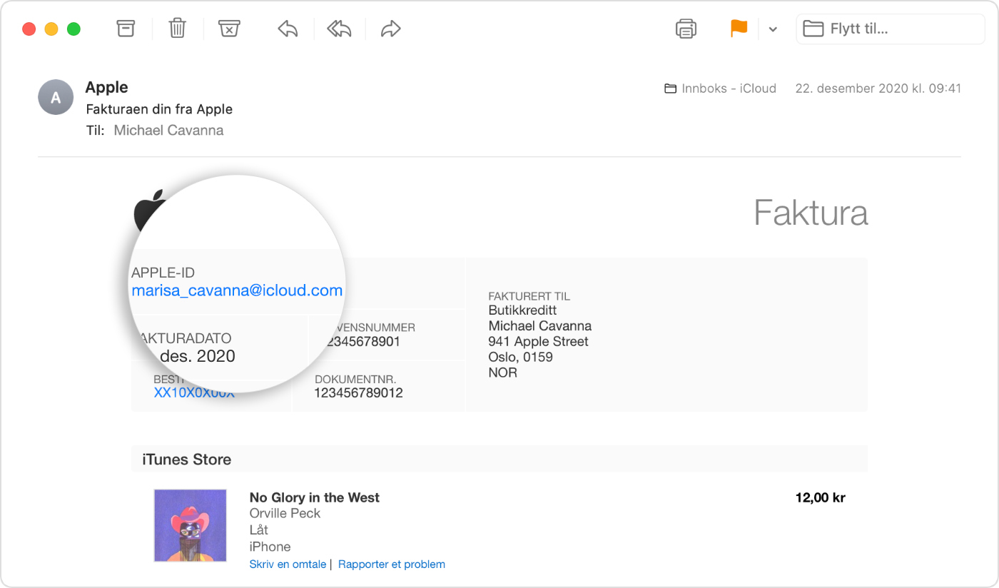 E-post som viser en kvittering fra Apple, med Apple-ID-en til personen som foretok kjøpet.