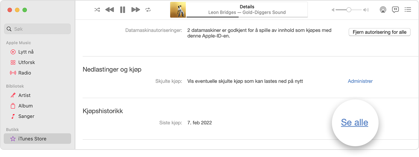 Mac som viser Kjøpshistorikk-delen på Kontoinformasjon-siden med «Se alle» valgt.