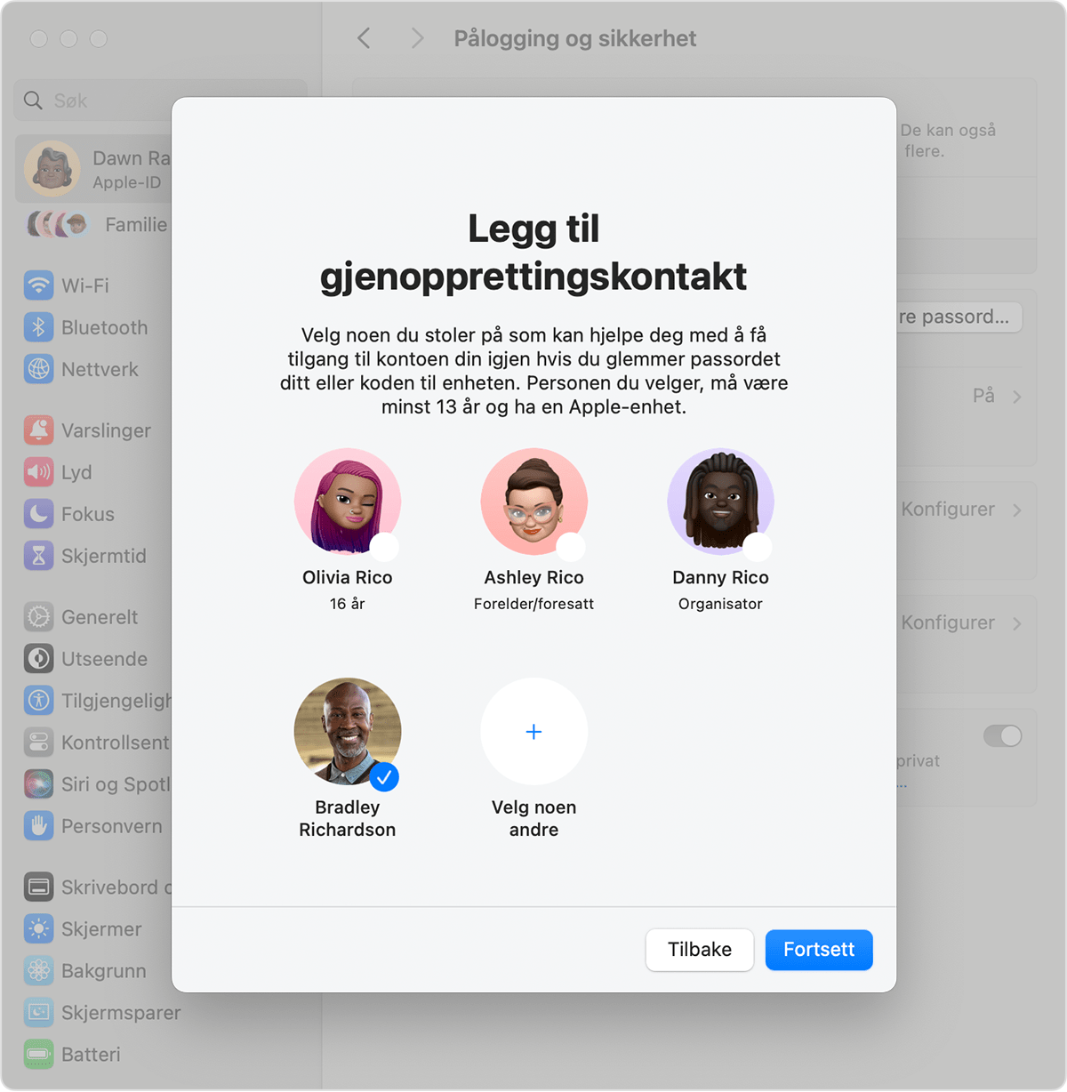Mac-skjerm som viser kontakter du kan legge til som gjenopprettingskontakt