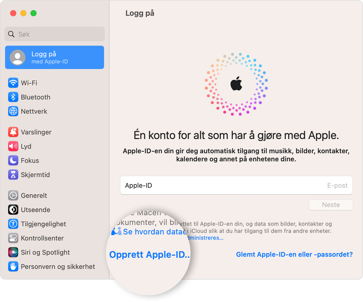 På Mac oppretter du en Apple-ID i Systeminnstillinger