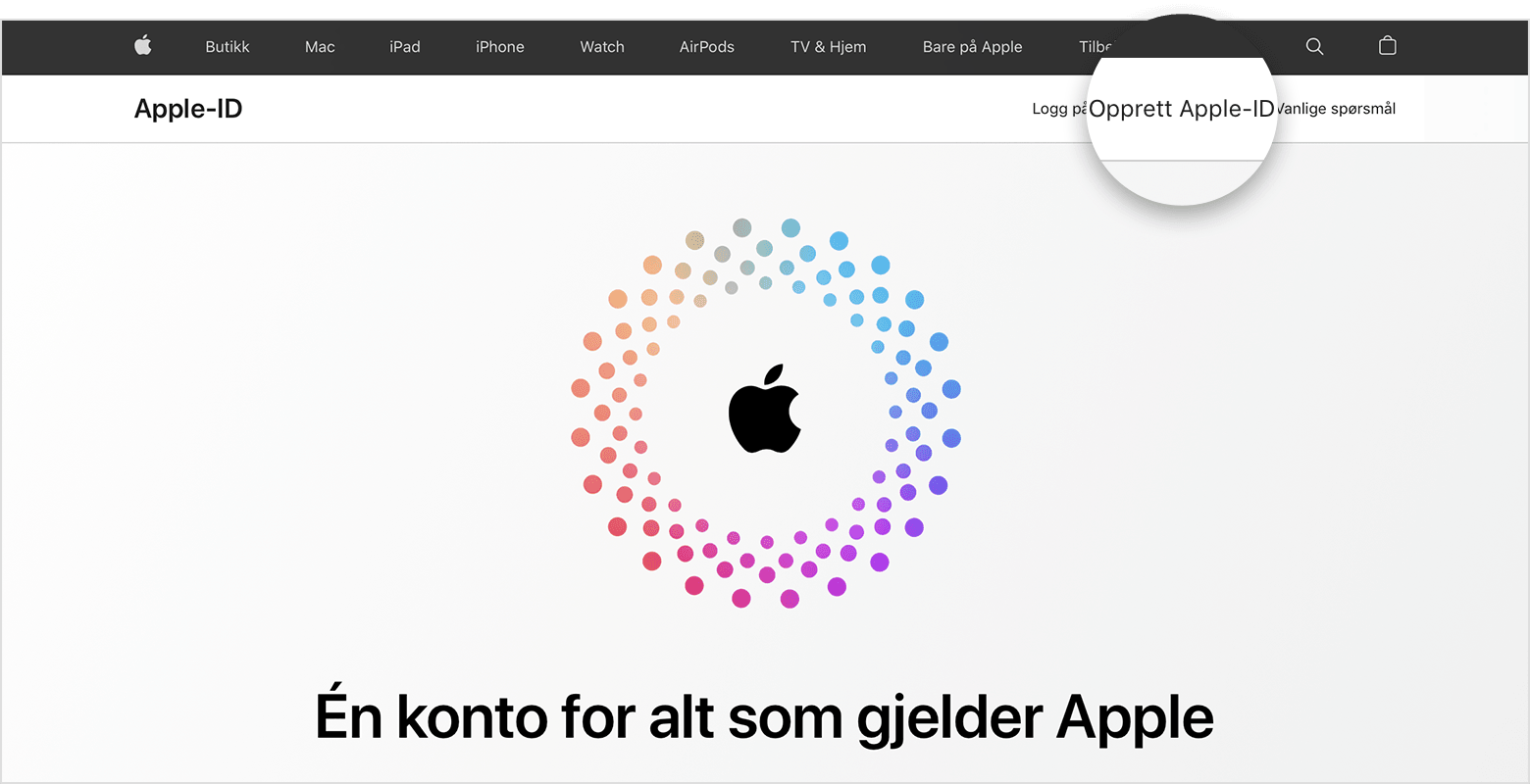 Et skjermbilde av appleid.apple.com, som har en Apple-logo midt på skjermen omgitt av konsentriske sirkler med ulike farger.