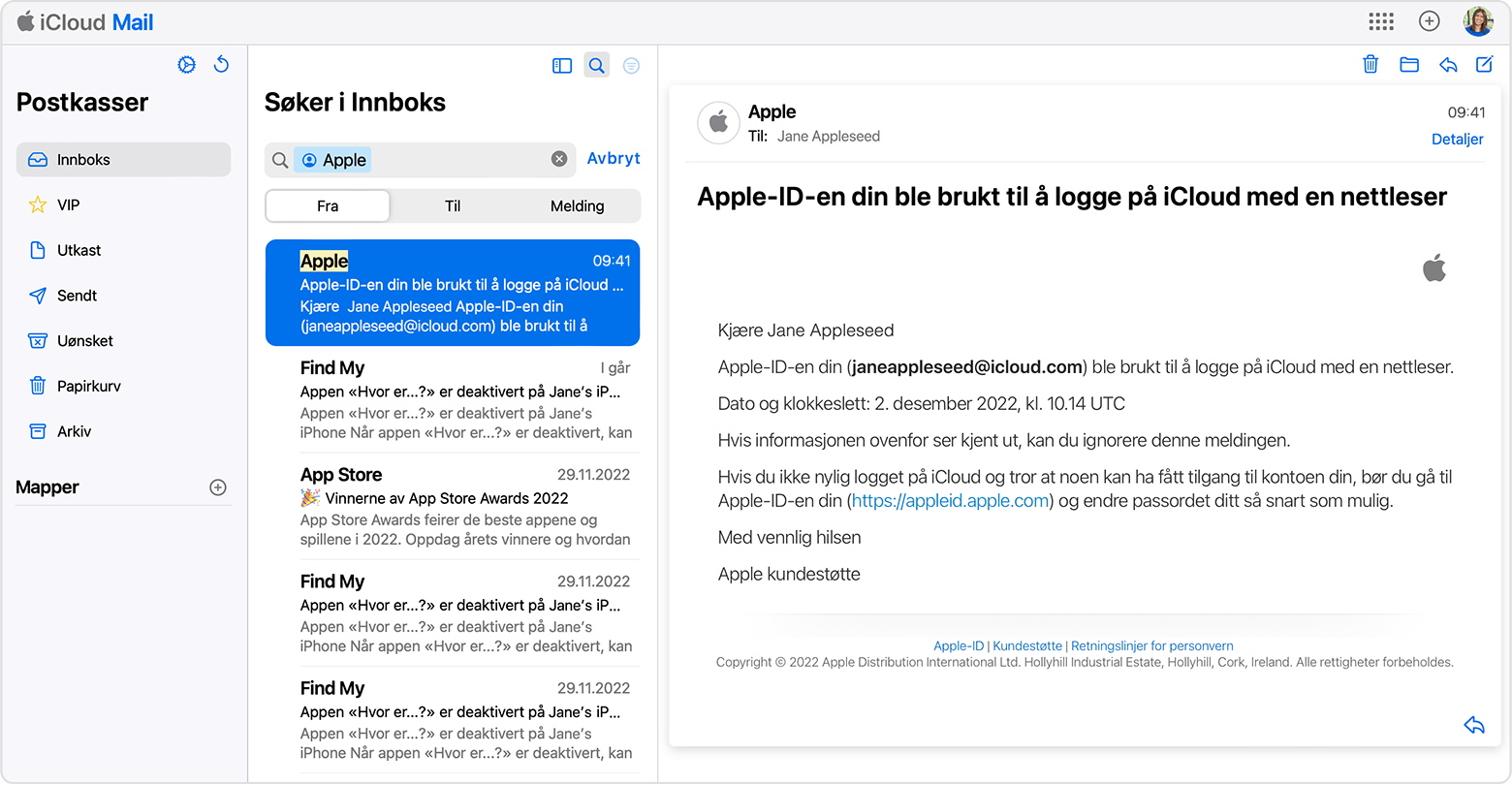 Søk etter e-poster fra Apple for å finne e-postadressen for Apple-ID-en