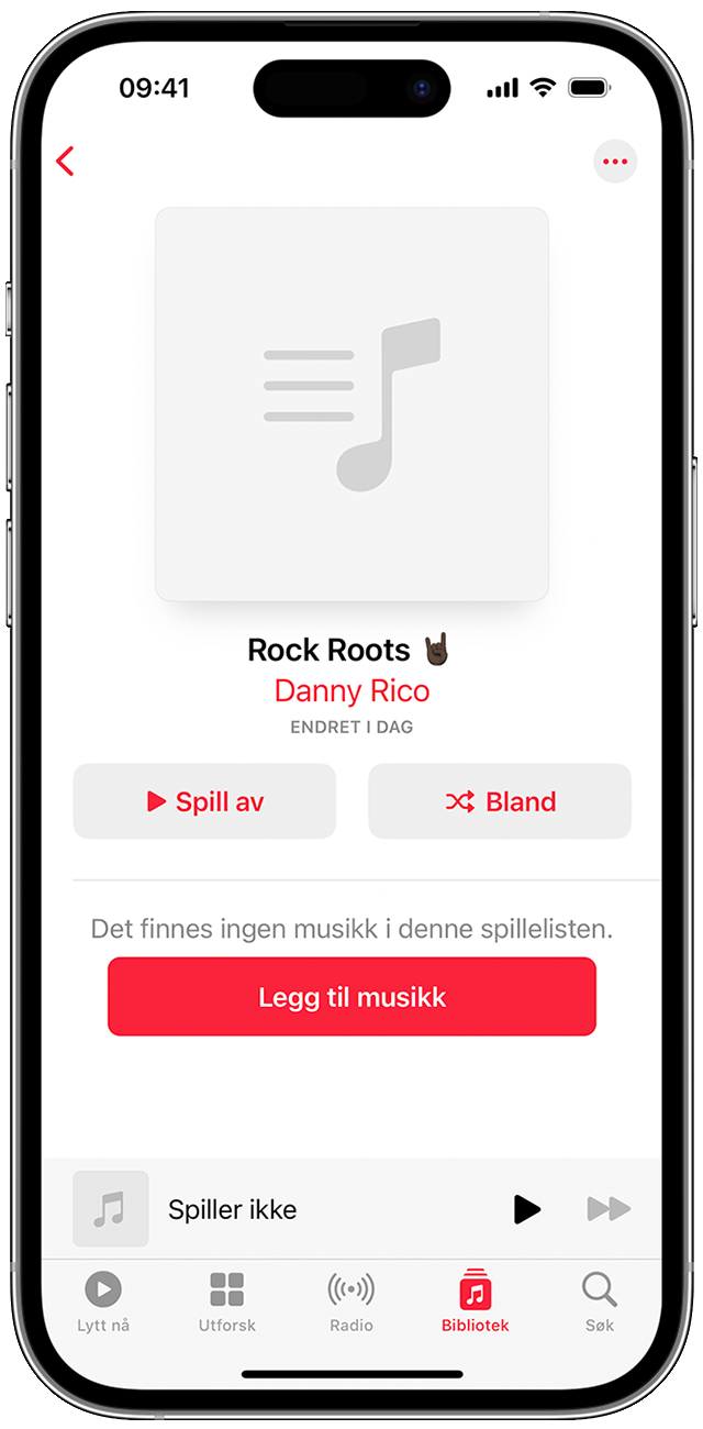 iPhone som viser den nye spillelisteskjermen og knappen for å legge til musikk