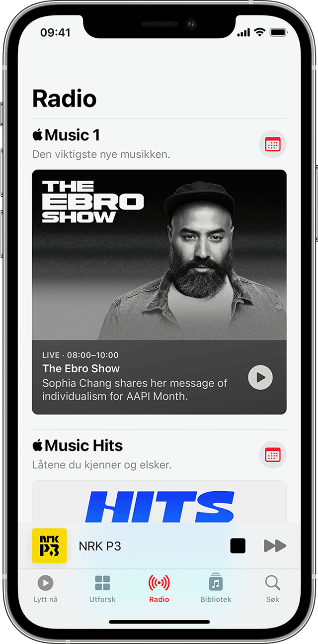 Apple Music som viser Radio-fanen valgt