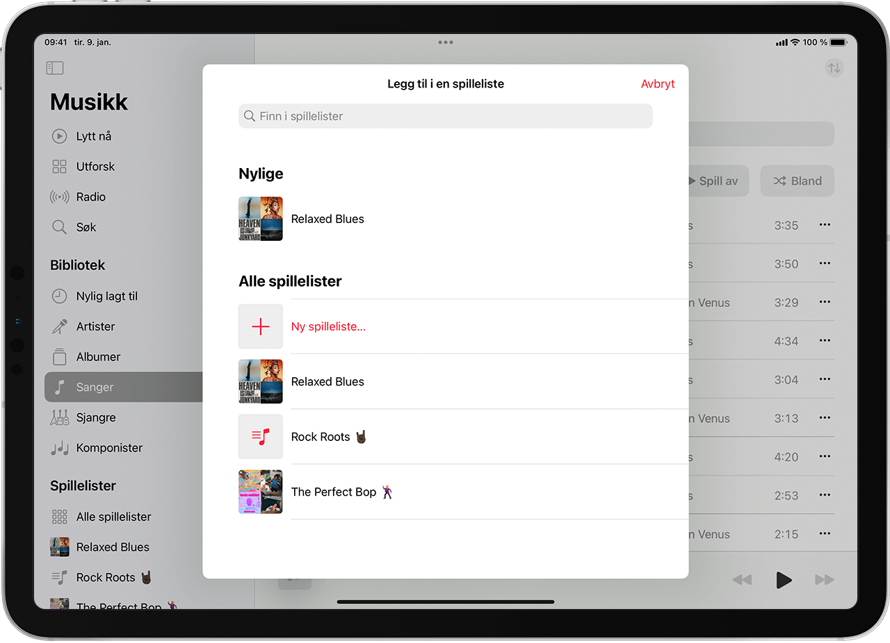 iPad som viser hvordan du legger til musikk i en eksisterende spilleliste
