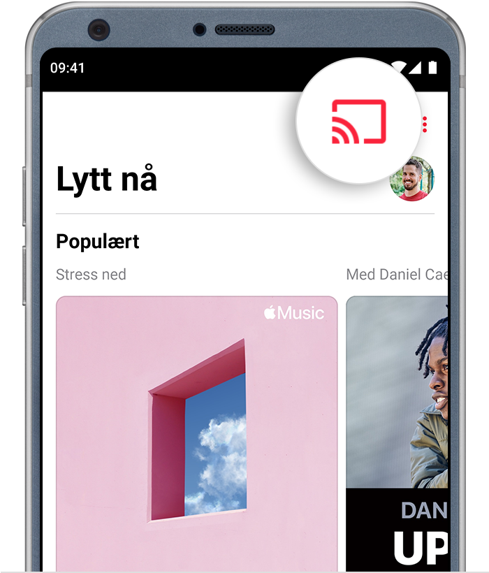 Android-telefon som viser Cast-knappen øverst i Apple Music-appen