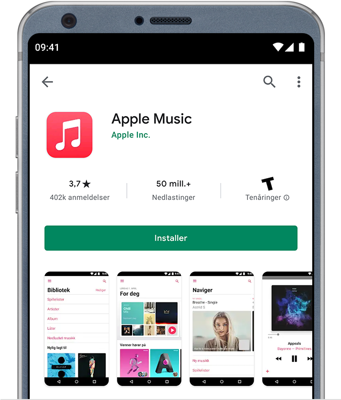 Android-telefon som viser Apple Music-appen på Google Play