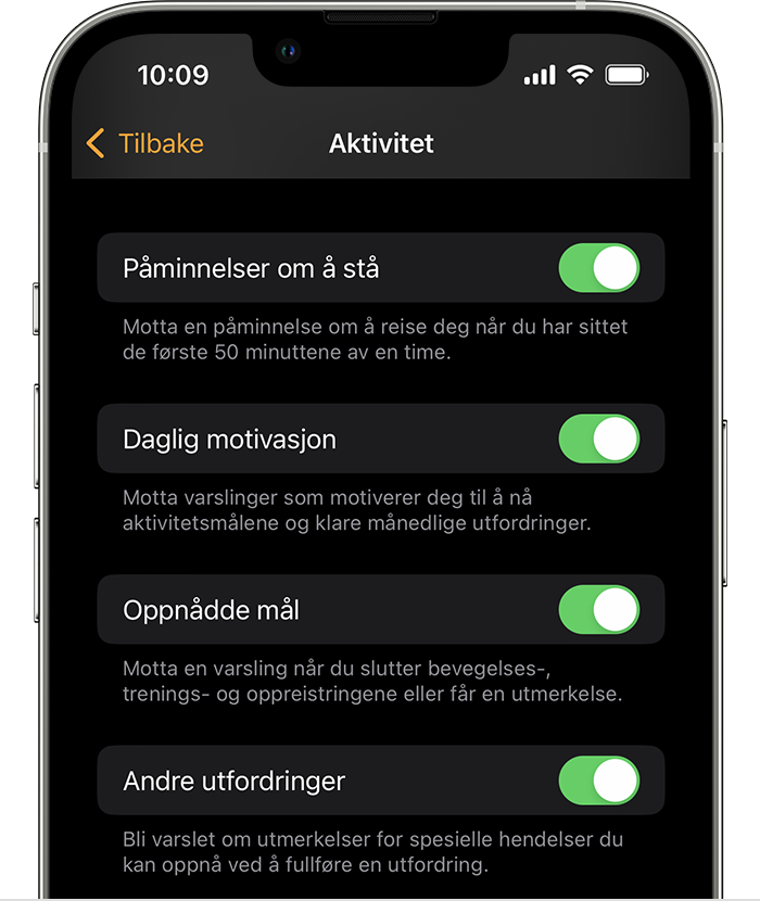 En iPhone-skjerm som viser alternativene for aktivitetsvarsler og -påminnelser
