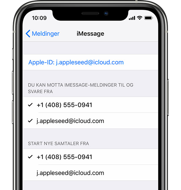 John Appleseed logget på iMessage med Apple-ID.