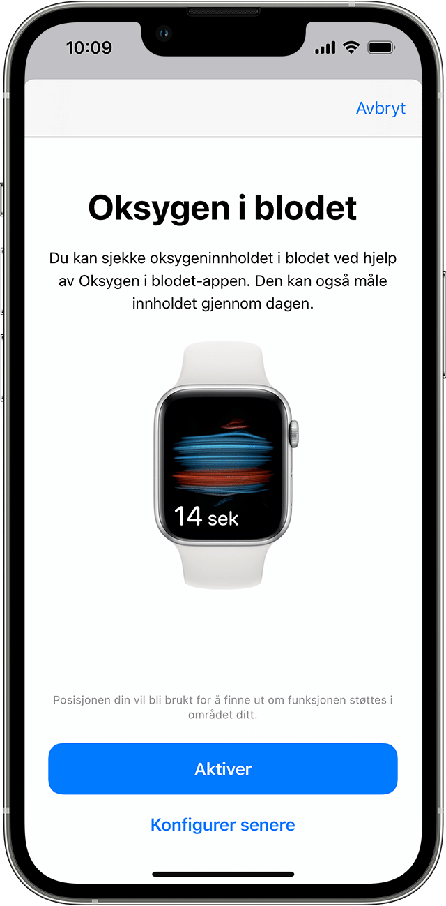 En iPhone som viser den første konfigurasjonsskjermen for Oksygen i blodet-appen