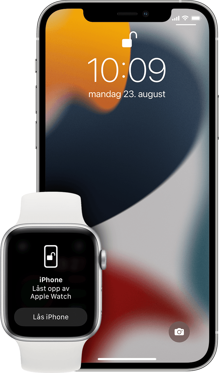 iPhone og Apple Watch som viser skjermene for opplåsing