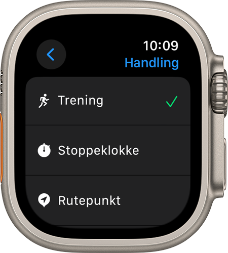 Apple Watch Ultra som viser Handling-skjermen og ulike innstillinger