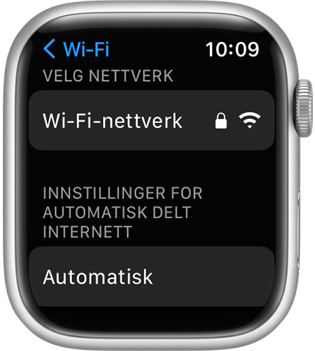 Skjermen for Wi-Fi-innstillinger på Apple Watch som viser alternativet for innstillinger for automatisk delt internett