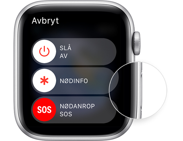 Et bilde som viser hvor sideknappen og Slå av-skyveknappen er på Apple Watch.
