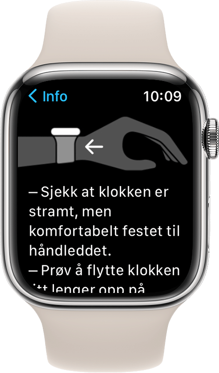 Et skjermbilde av Apple Watch Series 7 som viser hvordan du har på deg klokken for å få beste mulige resultater