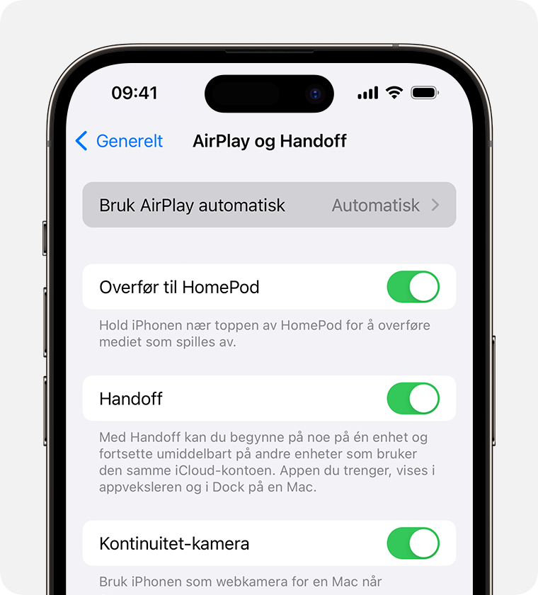 Automatisk er valgt for Bruk AirPlay automatisk på AirPlay og Handoff-skjermen på iPhone