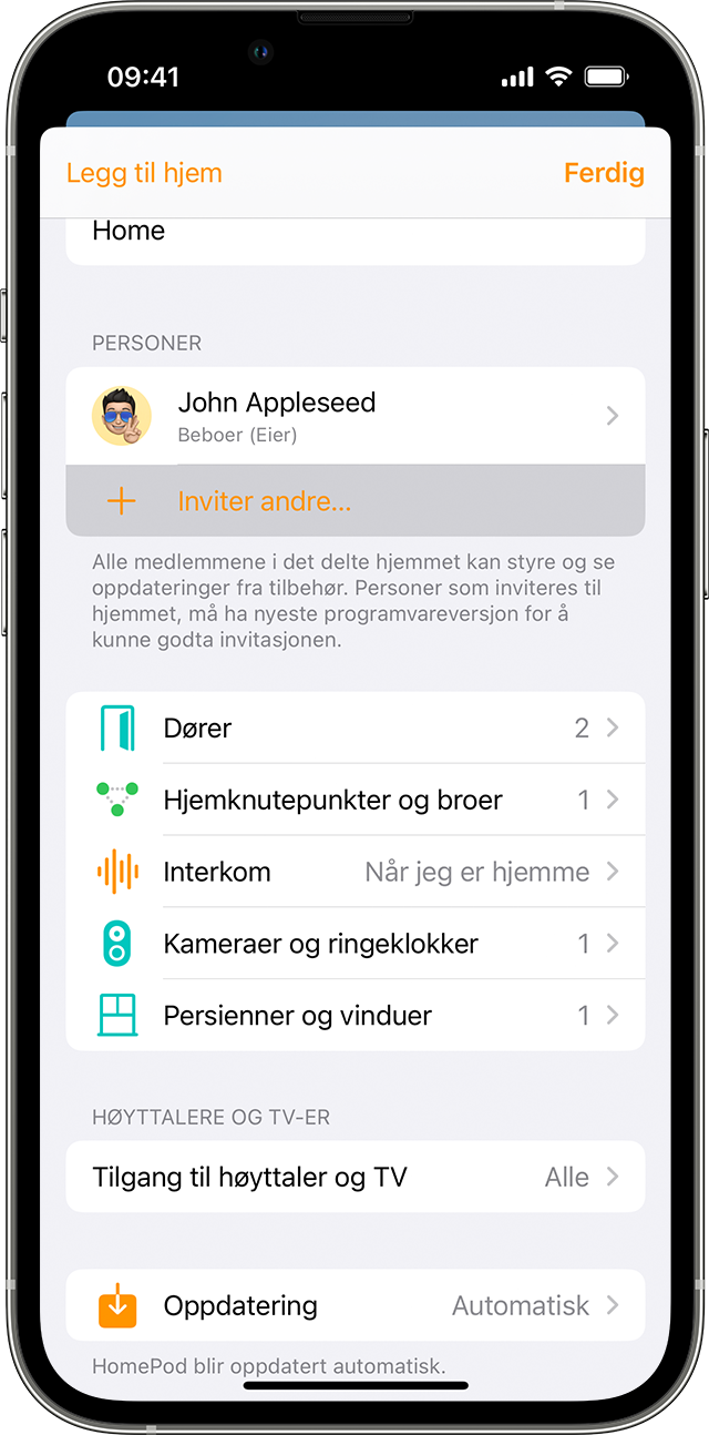 En iPhone som viser Hjem-appen med alternativet Inviter personer i Hjeminnstillinger