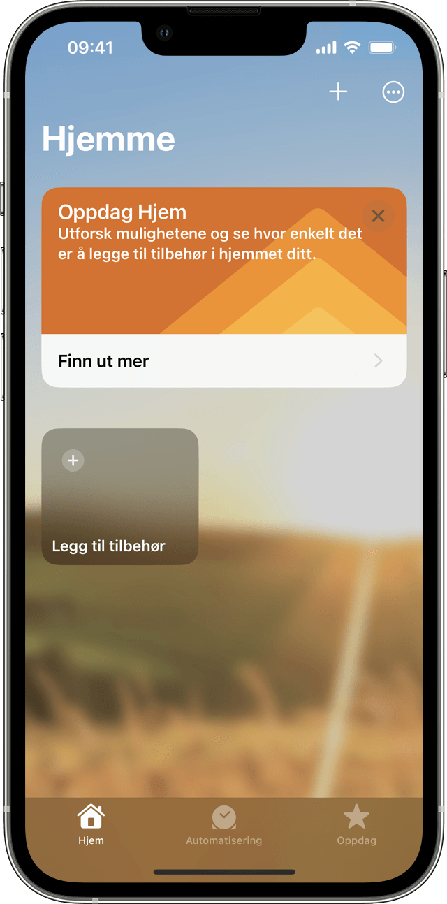 Hjem-appskjermen på iOS som viser Legg til tilbehør-flisen