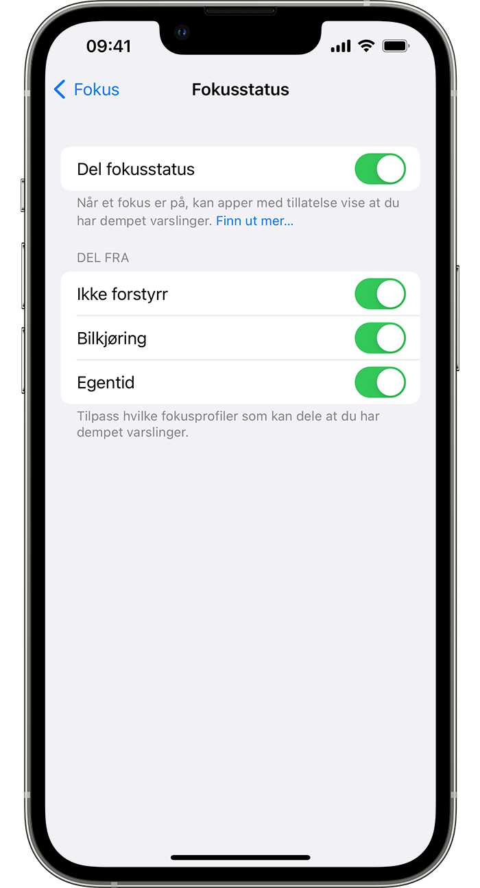 En iPhone som viser hvordan du slår på fokusstatus