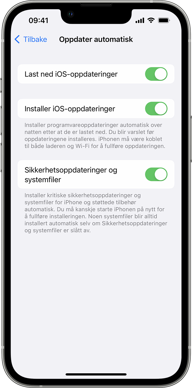 Innstillinger-appen på iPhone som viser alternativer for å oppdatere enheten din automatisk.