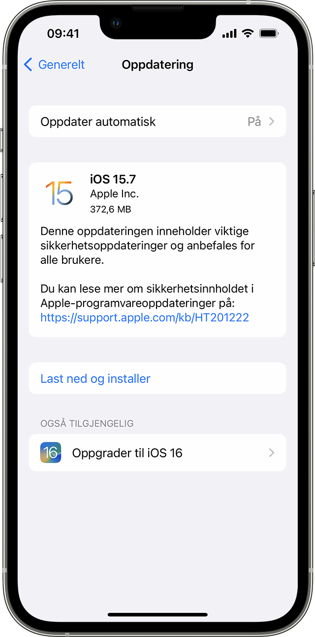 Innstillinger-appen på iPhone som viser alternativer for å oppdatere til iOS 15.7 eller iOS 16.
