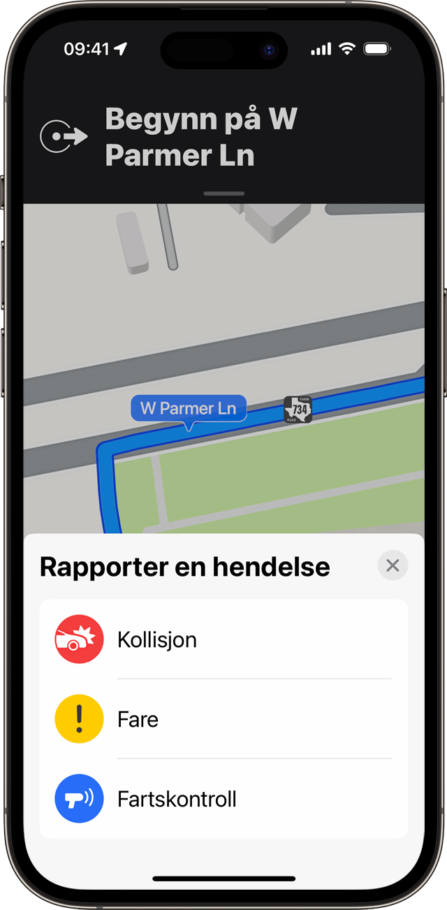 Du kan rapportere en hendelse mens du bruker veibeskrivelser sving for sving i Kart på iPhone.