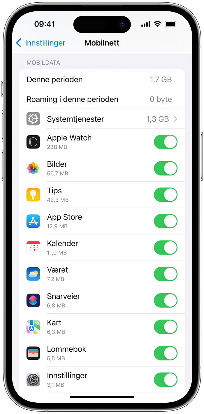 Skjerm med innstillinger for mobildata på iPhone