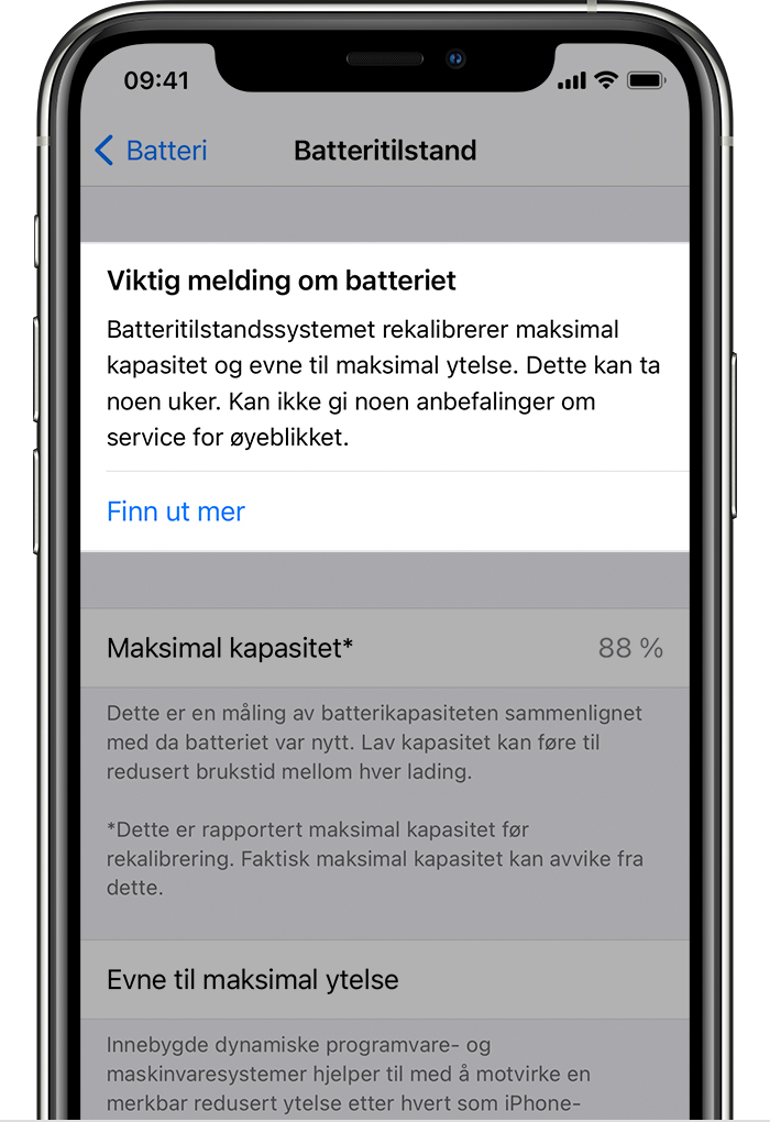 Om rekalibrering av batteritilstandssystemet i iOS 14.5 - Apple-kundestøtte  (NO)