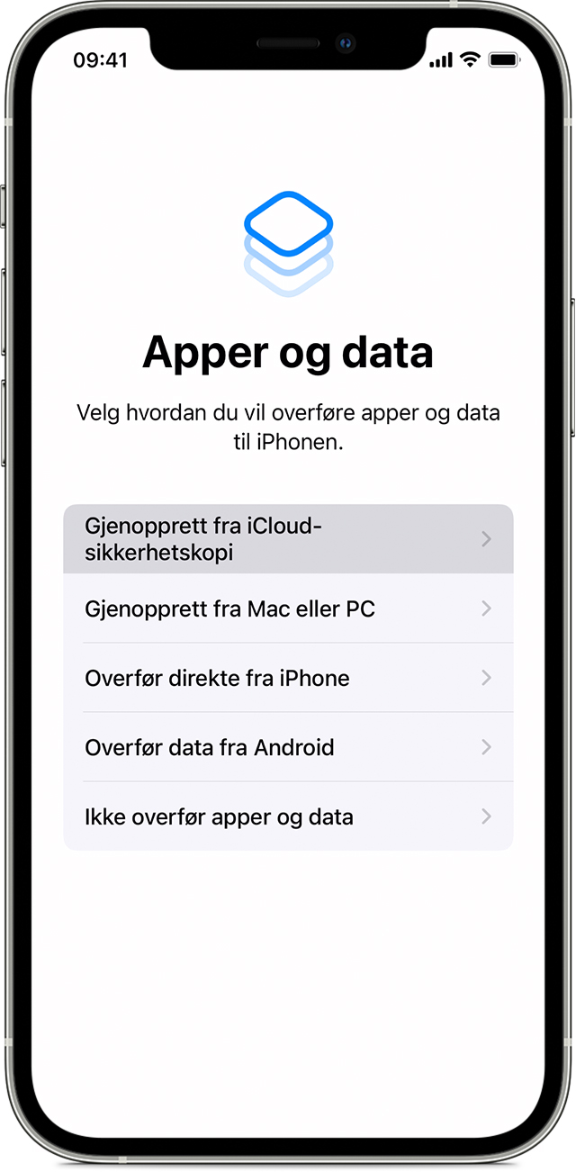 iPhone som viser Apper og data-skjermen med «Gjenopprett fra iCloud-sikkerhetskopi» valgt.
