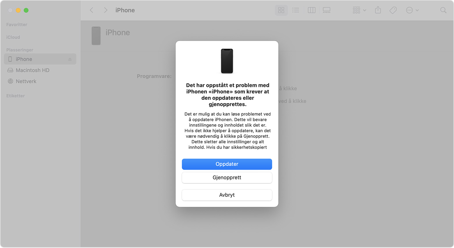Et Finder-vindu som viser en melding som ber deg velge mellom å oppdatere eller gjenopprette iPhonen. Oppdater er valgt.