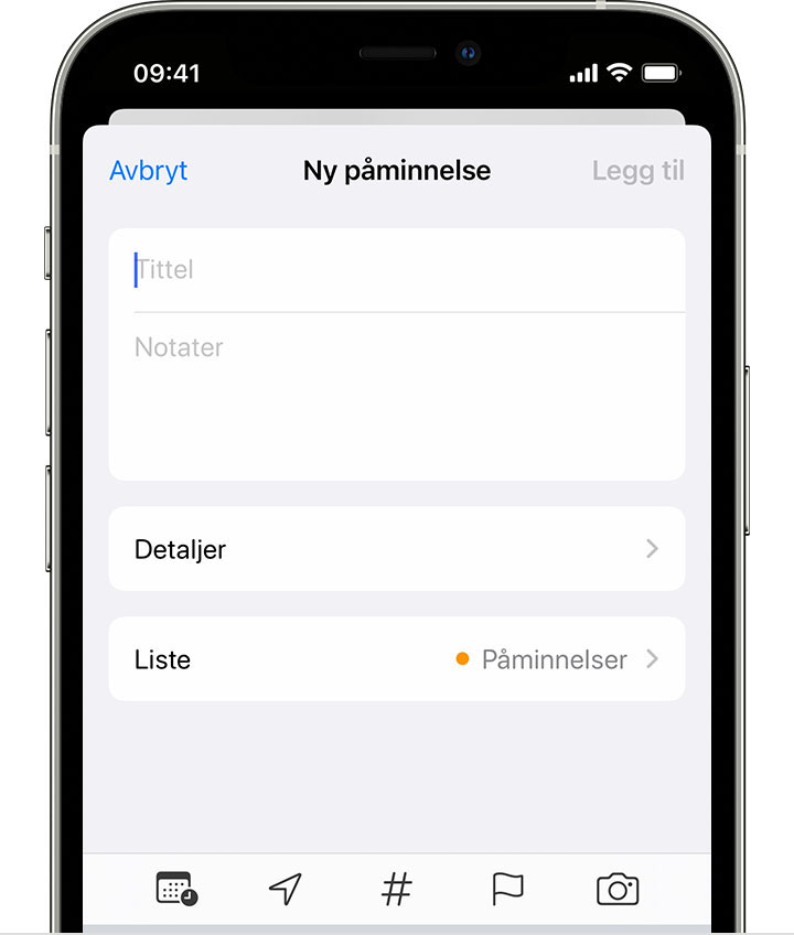 En iPhone som viser skjermbildet Ny påminnelse, der du kan legge til en tittel, notater og andre detaljer for å opprette en påminnelse.