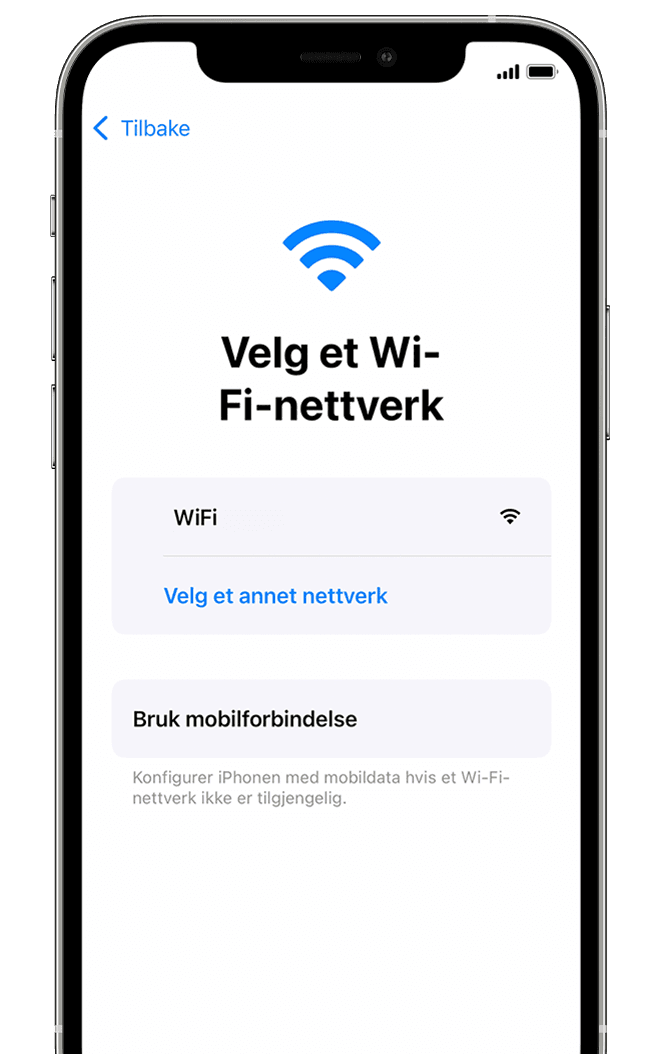 Skjerm som viser alternativ for å velge et Wi-Fi-nettverk eller bruke mobilforbindelse