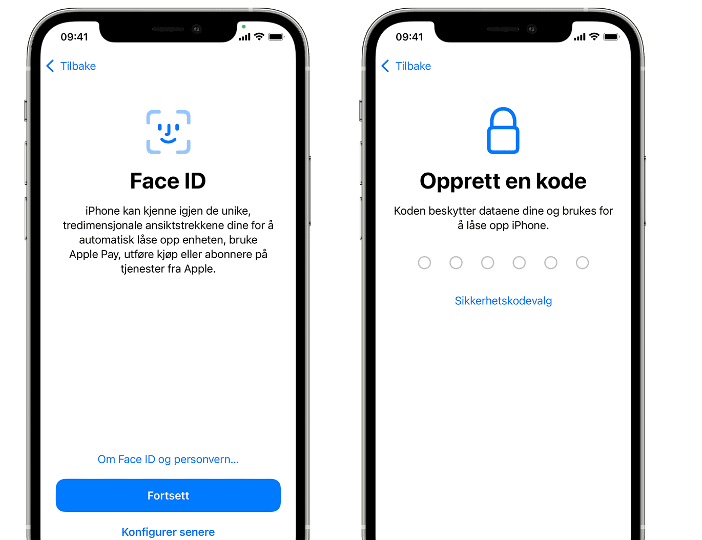 Skjerm som viser alternativ for å konfigurere Face ID og opprette en kode