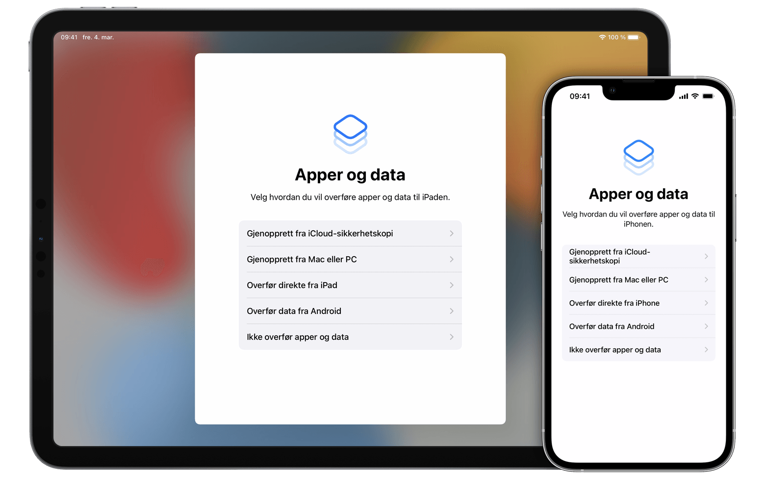 En iPad og iPod på Apper og data-skjermen, hvor du kan bruke en sikkerhetskopi til å overføre apper og data til en annen enhet.