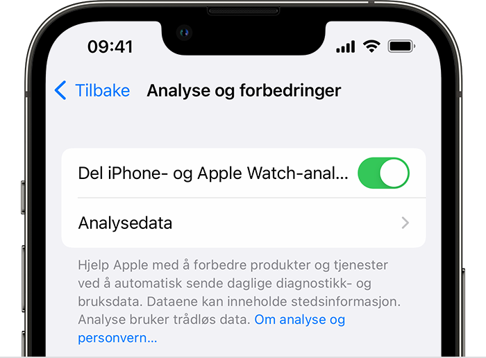 iPhone som viser Analyse og forbedringer-alternativene, med Del iPhone- og Apple Watch-analyse slått på.