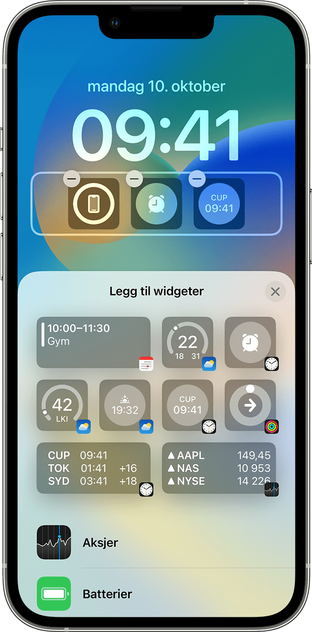 iPhone-skjerm som viser hvordan du legger til widgeter på låseskjermen