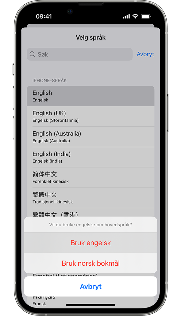 En iPhone som viser et varsel som lyder: «Vil du bruke fransk som hovedspråk?» Alternativene som vises, er Bruk fransk, Bruk engelsk (USA) og Avbryt.