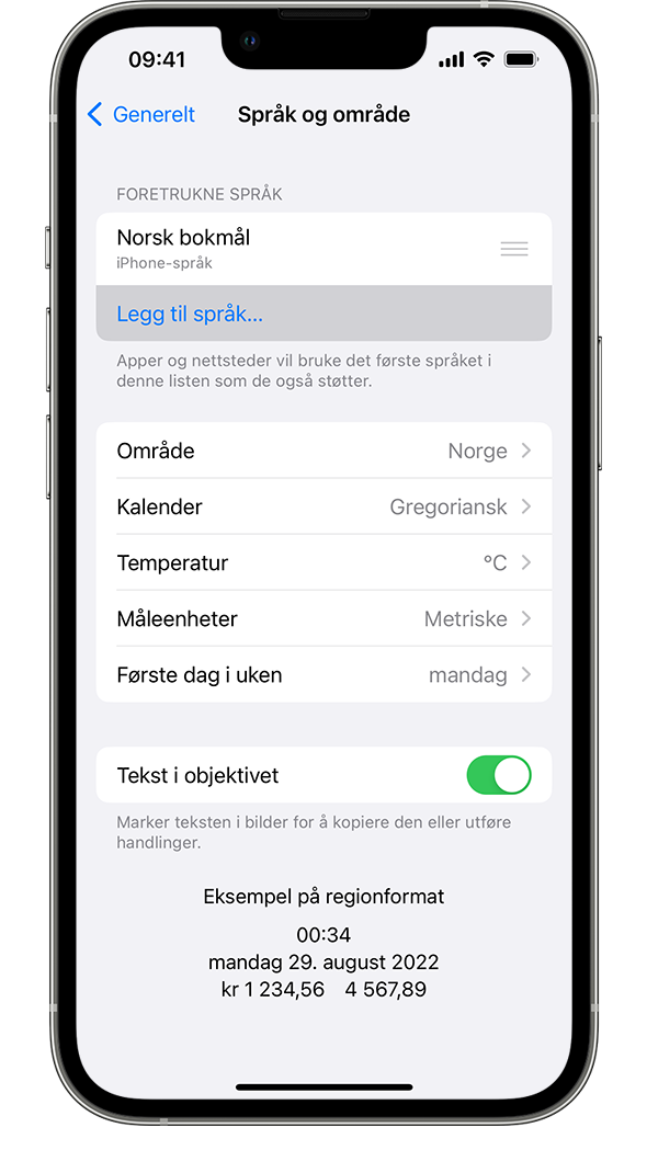 En iPhone som viser Språk og region-menyen med Legg til språk uthevet.