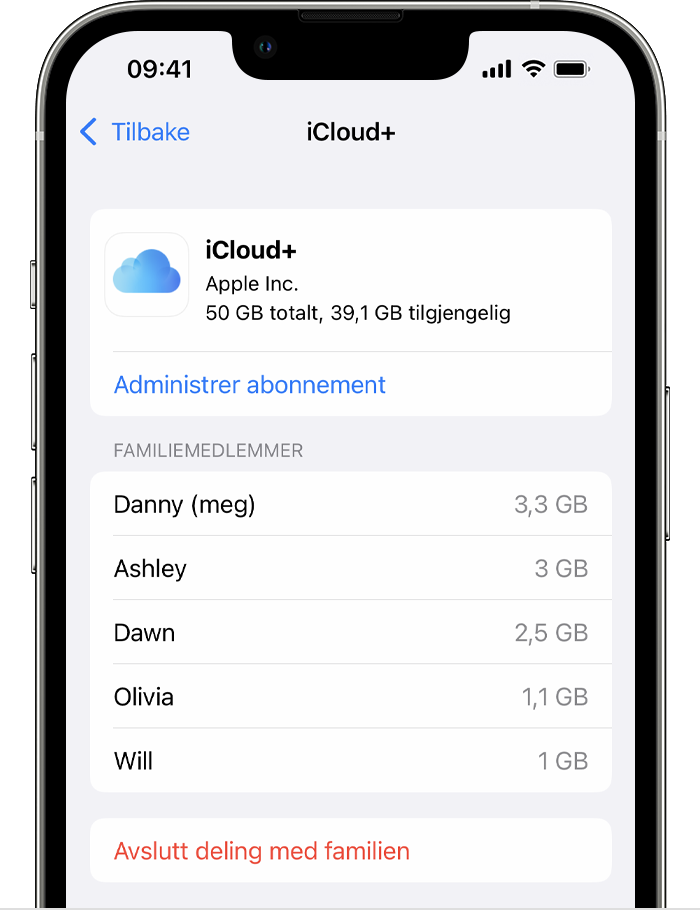 Øverst på skjermen kan du se den totale lagringsplassen i abonnementet, og hvor mye lagringsplass som er tilgjengelig.