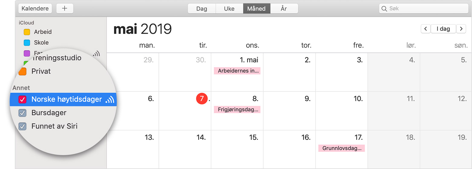 iCloud-kalender med en kalender du abonnerer på, valgt