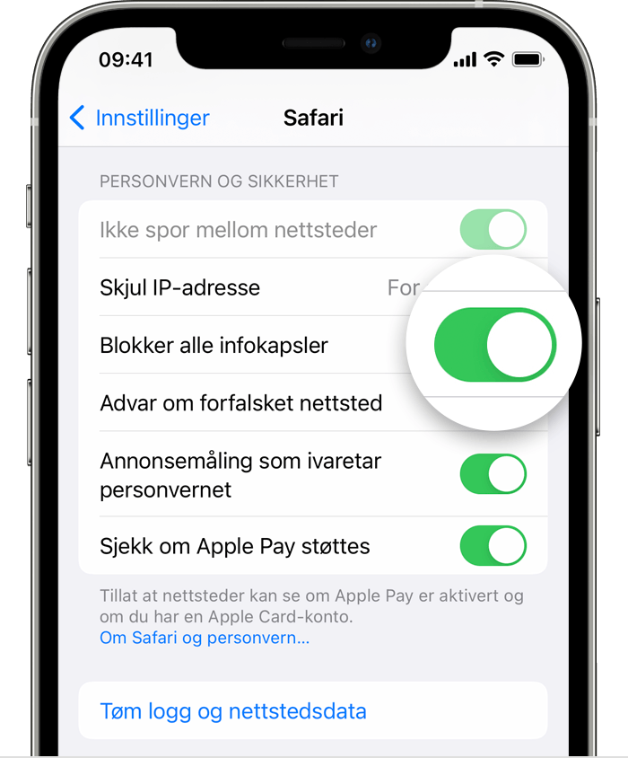 Safari-innstillinger på iPhone med Blokker alle infokapsler aktivert