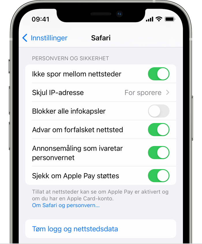 Safari-innstillinger på iPhone som viser Tøm logg og nettsteddata.