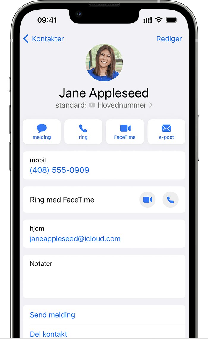 iPhone-skjerm som viser profilen til en kontakt