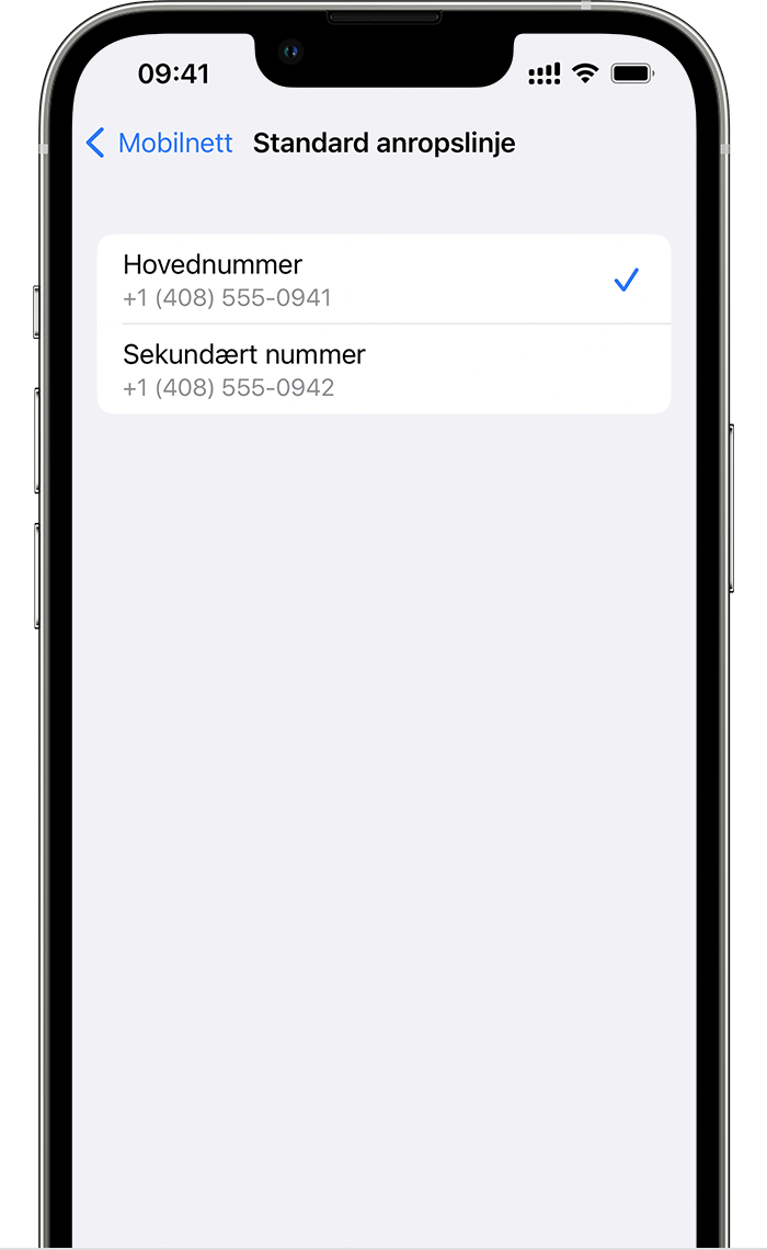 iPhone-skjerm som viser et telefonnummer som er valgt som primær Standard anropslinje