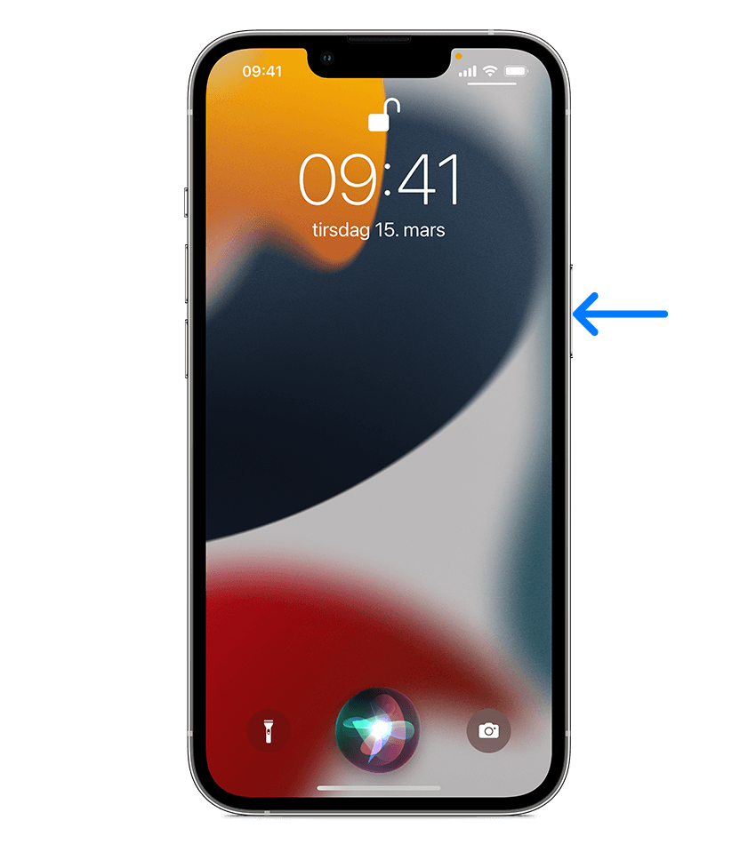 iPhone 13 som viser at sideknappen trykkes inn for å aktivere Siri